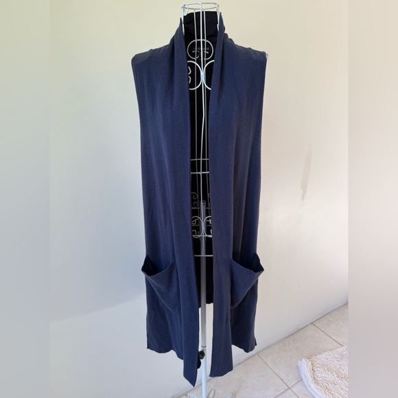 Eileen Fisher Cardigan navy Blue Black Sleeveless front Pockets Mid Length SZ SP - Picture 1 of 6